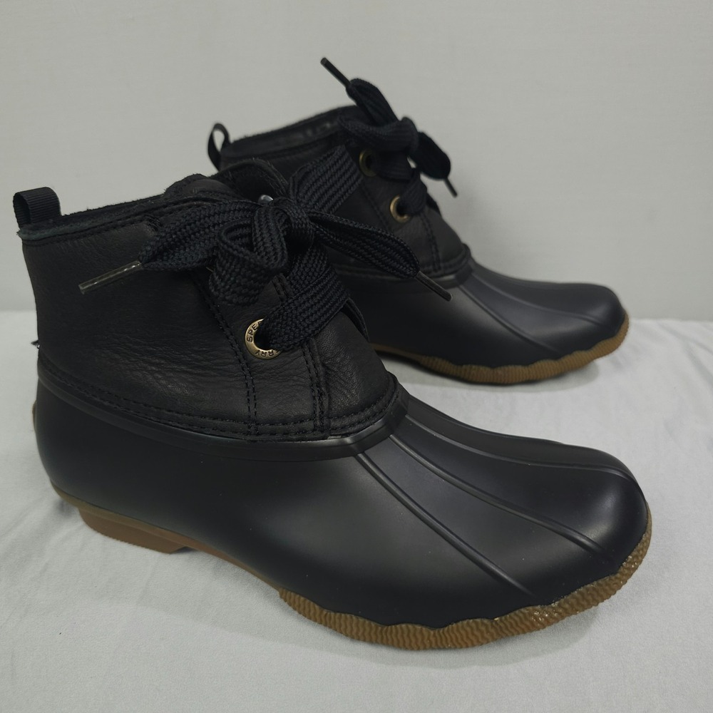 Sperry Duck Boots Women 8 Black Leather Rubber Brown Gum Saltwater 2 Eye Rain